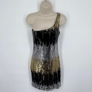 Profile Cocktail Dress NEW Junior S Black Gold Silver Sequin Lined One Shoulder